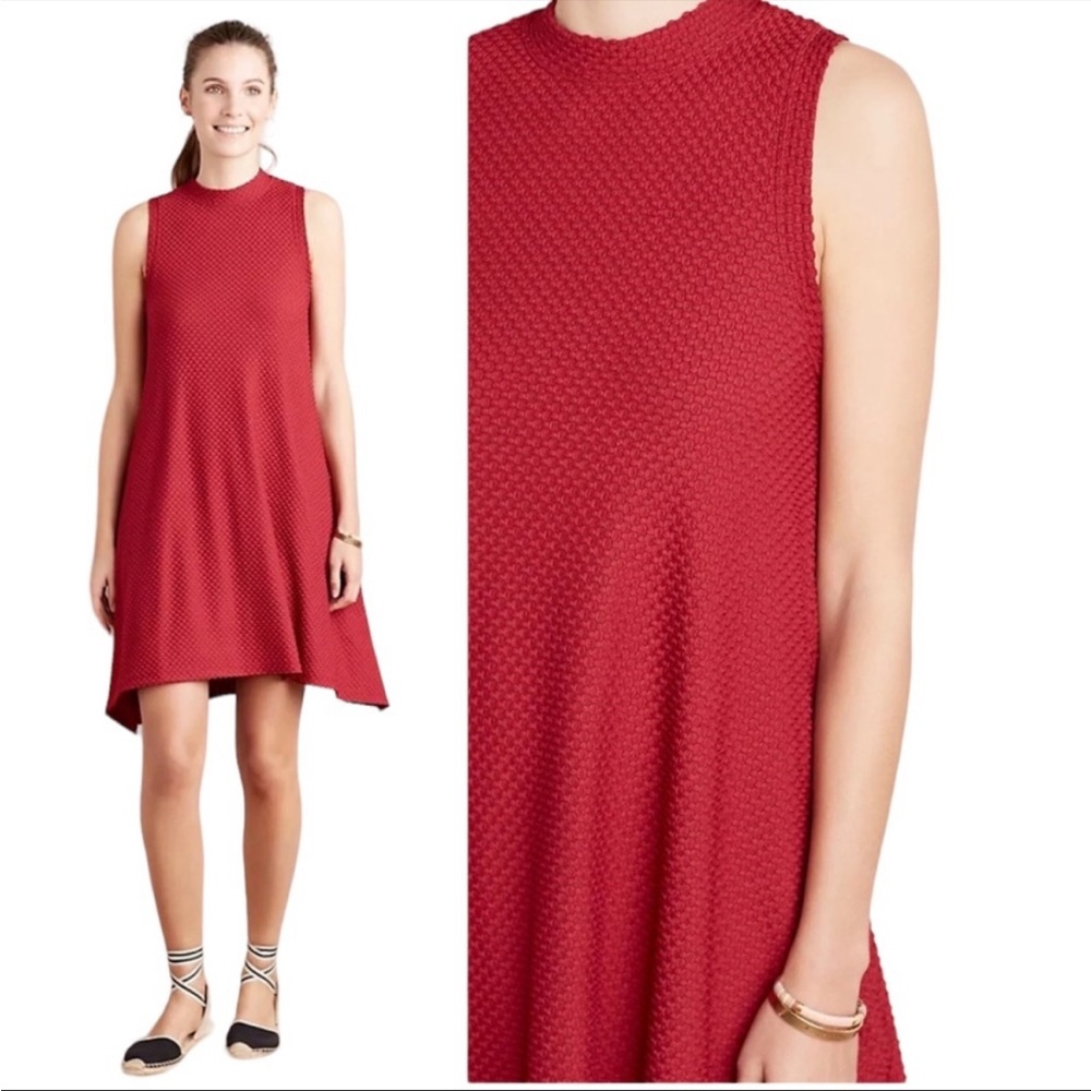 Maeve Anthropologie red textured mock neck flare dress with pockets